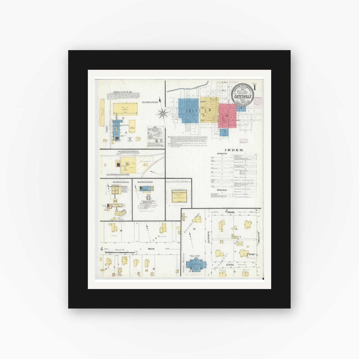 Old map wall art mockup — black gallery frame with white mat — Sanborn Fire Insurance Map from Gatesville, Coryell County, Texas (1907) - Complete Map Set