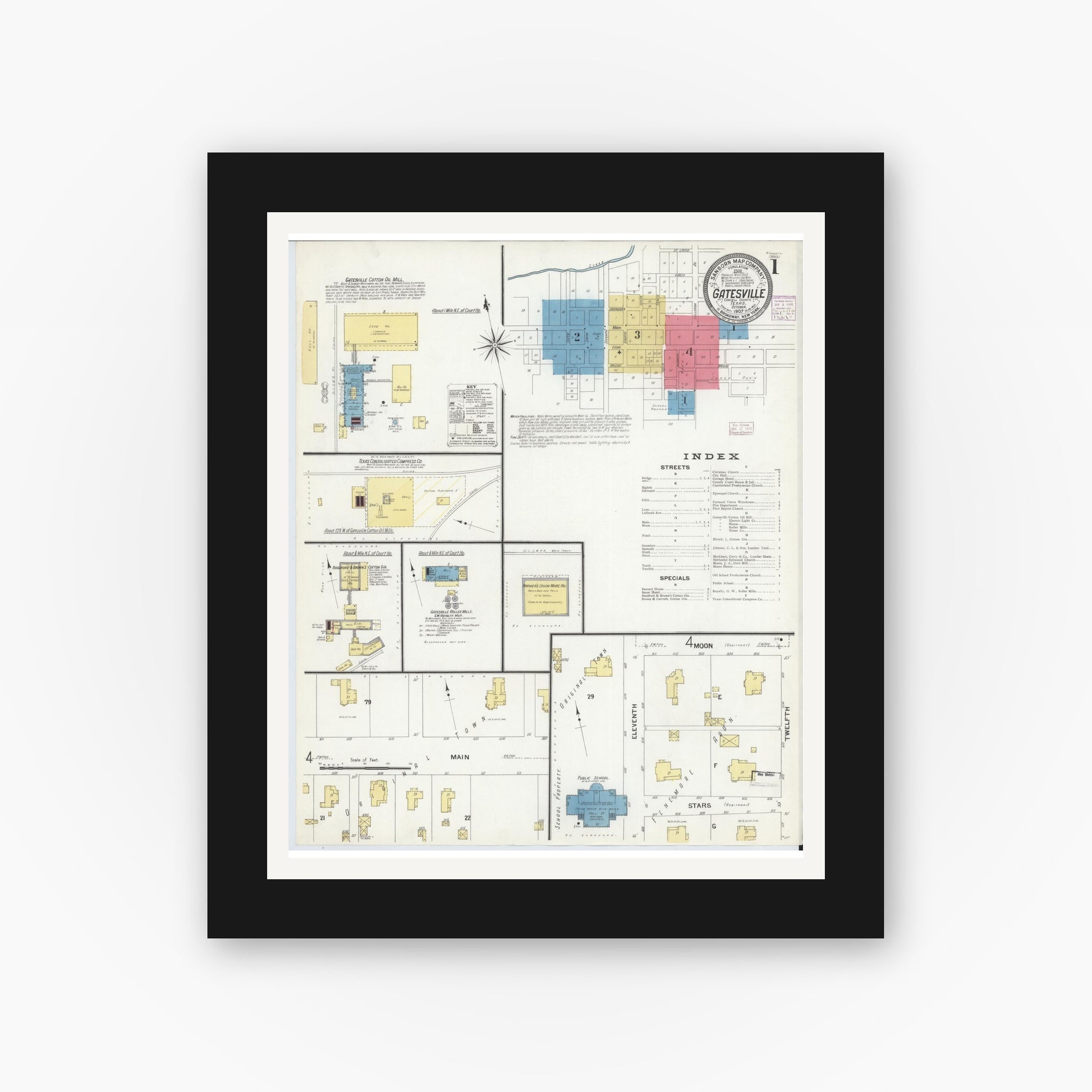 Old map wall art mockup — black gallery frame with white mat — Sanborn Fire Insurance Map from Gatesville, Coryell County, Texas (1907) - Complete Map Set