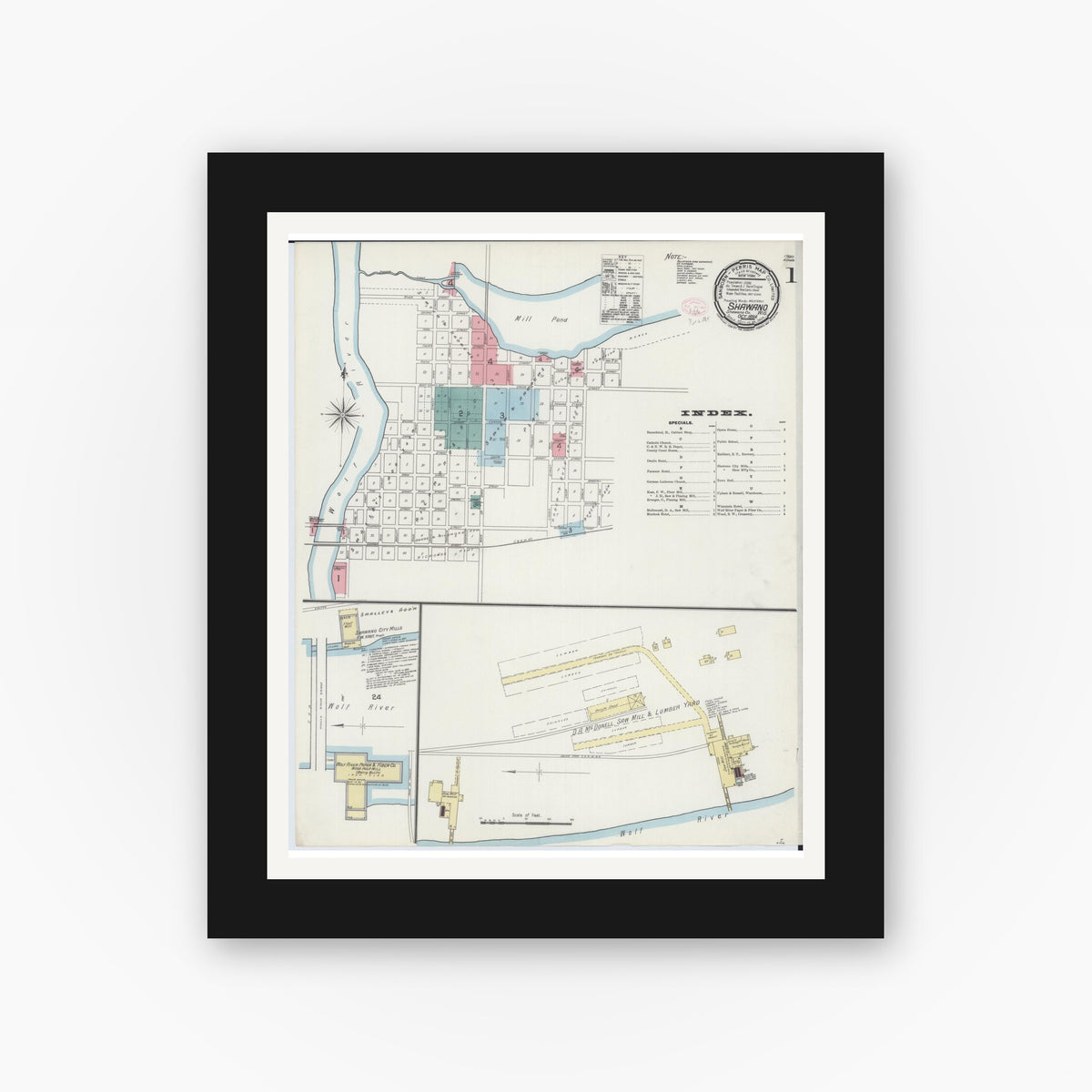 Old map wall art mockup — black gallery frame with white mat — Sanborn Fire Insurance Map from Shawano, Shawano County, Wisconsin (1894) - Complete Map Set
