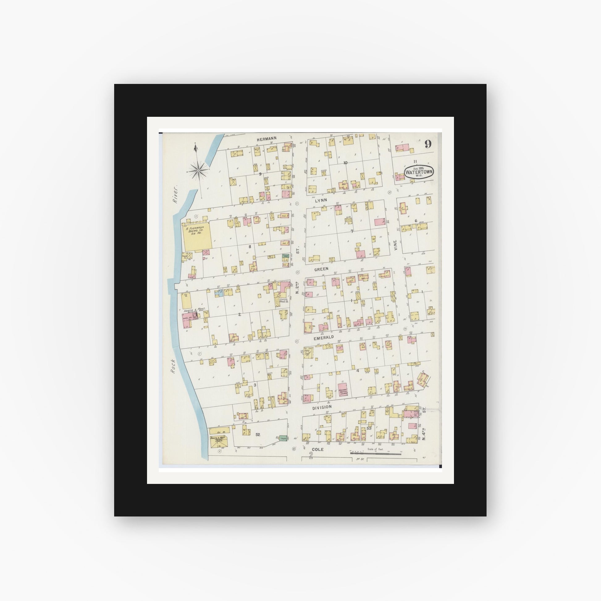 Old map wall art mockup — black gallery frame with white mat — Sanborn Fire Insurance Map from Watertown, Jefferson County, Wisconsin (1895), Sheet #0009