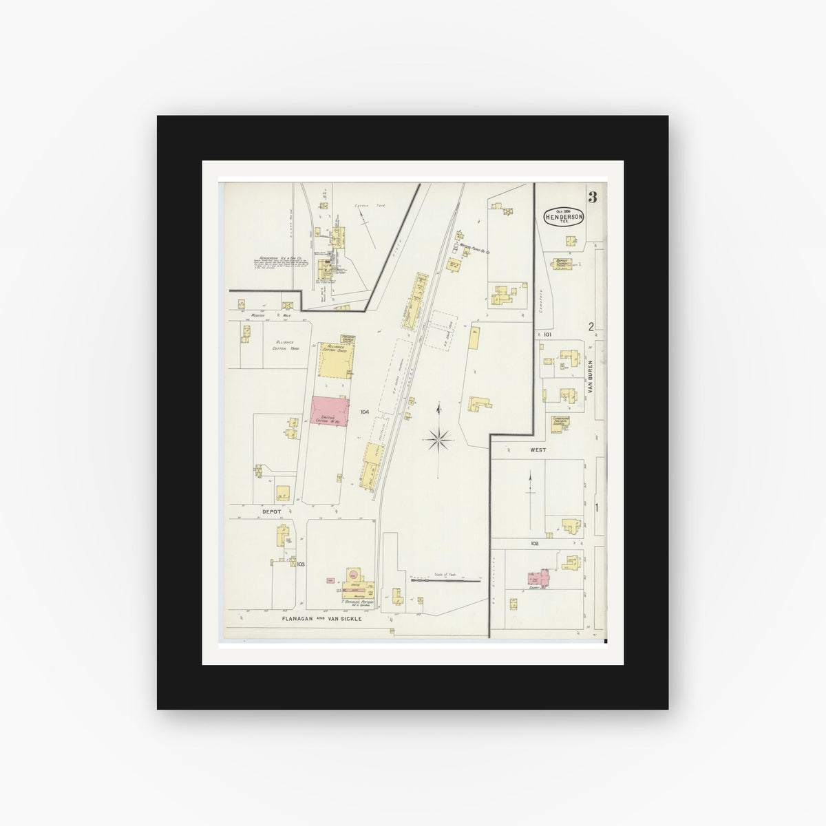 Old map wall art mockup — black gallery frame with white mat — Sanborn Fire Insurance Map from Henderson, Rusk County, Texas (1896), Sheet #0003
