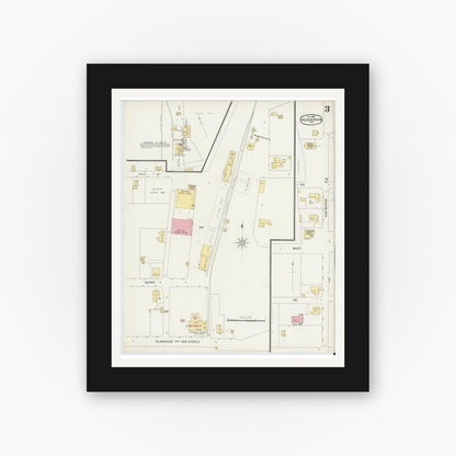 Old map wall art mockup — black gallery frame with white mat — Sanborn Fire Insurance Map from Henderson, Rusk County, Texas (1896), Sheet #0003
