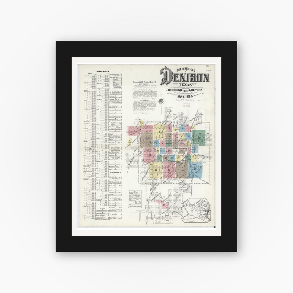 Old map wall art mockup — black gallery frame with white mat — Sanborn Fire Insurance Map from Denison, Grayson County, Texas (1914), Sheet #0001