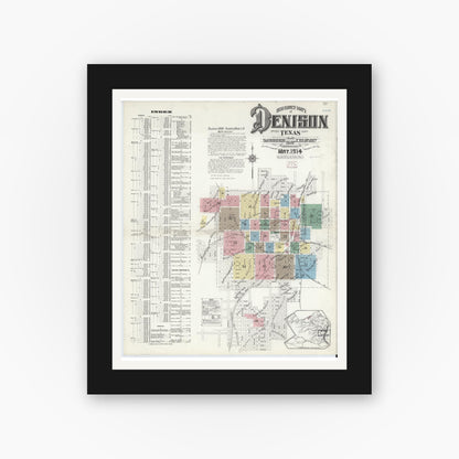 Old map wall art mockup — black gallery frame with white mat — Sanborn Fire Insurance Map from Denison, Grayson County, Texas (1914), Sheet #0001