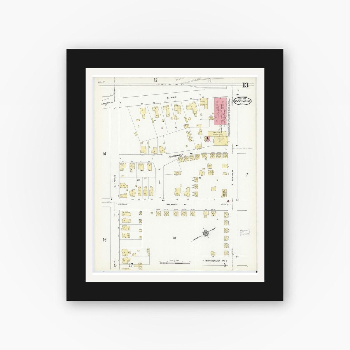 Old map wall art mockup — black gallery frame with white mat — Sanborn Fire Insurance Map from Rocky Mount, Edgecombe And Nash Counties, North Carolina (1912), Sheet #0013
