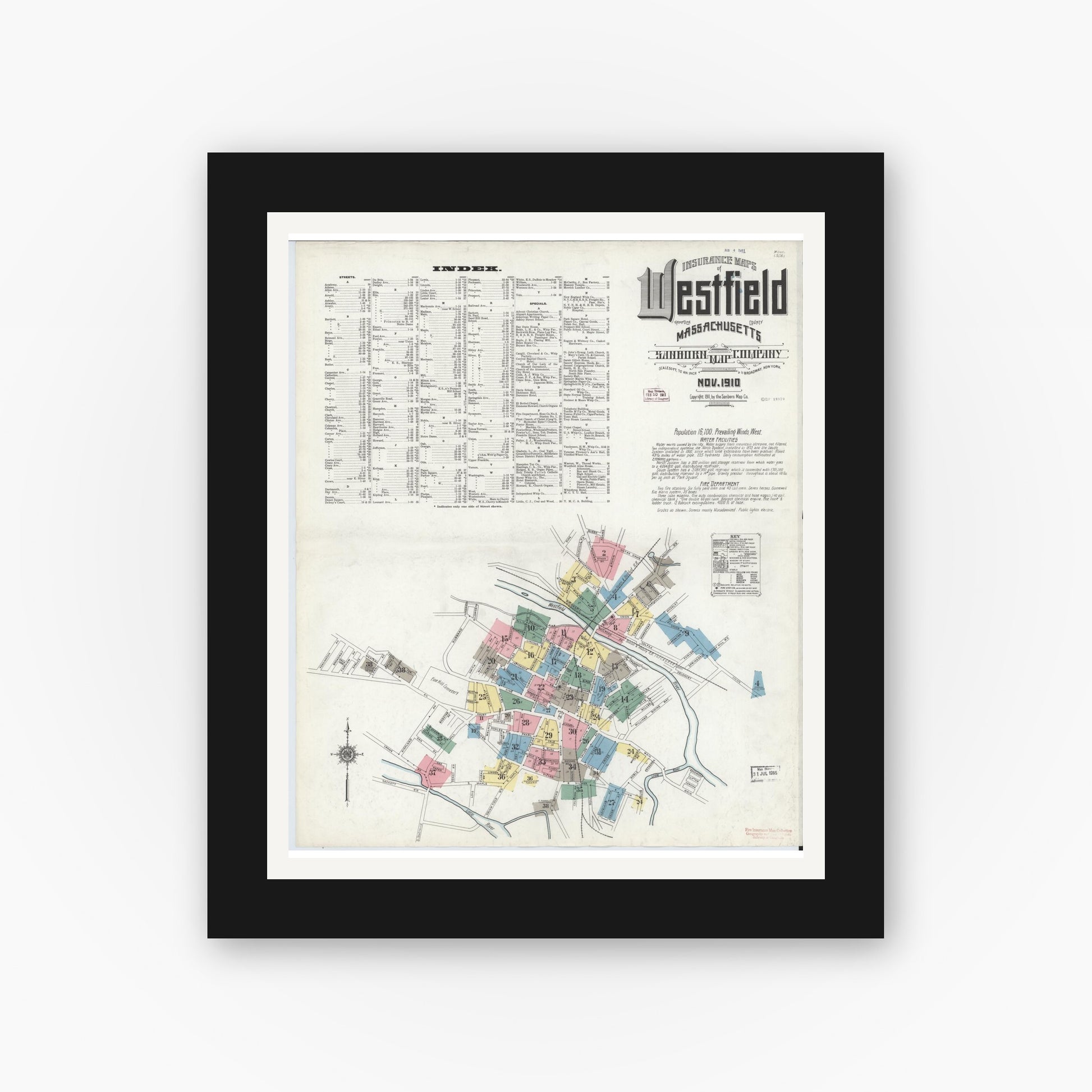 Old map wall art mockup — black gallery frame with white mat — Sanborn Fire Insurance Map from Westfield, Hampden County, Massachusetts (1910), Sheet #0001