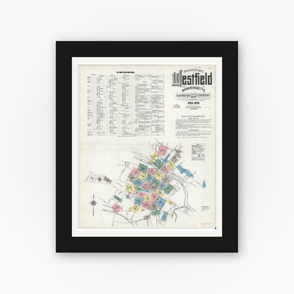 Old map wall art mockup — black gallery frame with white mat — Sanborn Fire Insurance Map from Westfield, Hampden County, Massachusetts (1910), Sheet #0001