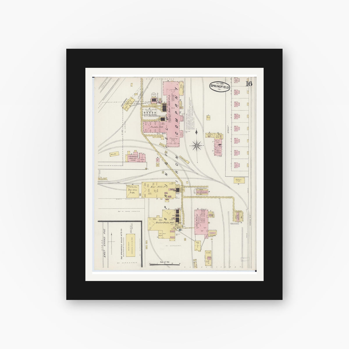 Old map wall art mockup — black gallery frame with white mat — Sanborn Fire Insurance Map from Springfield, Sangamon County, Illinois (1890), Sheet #0016