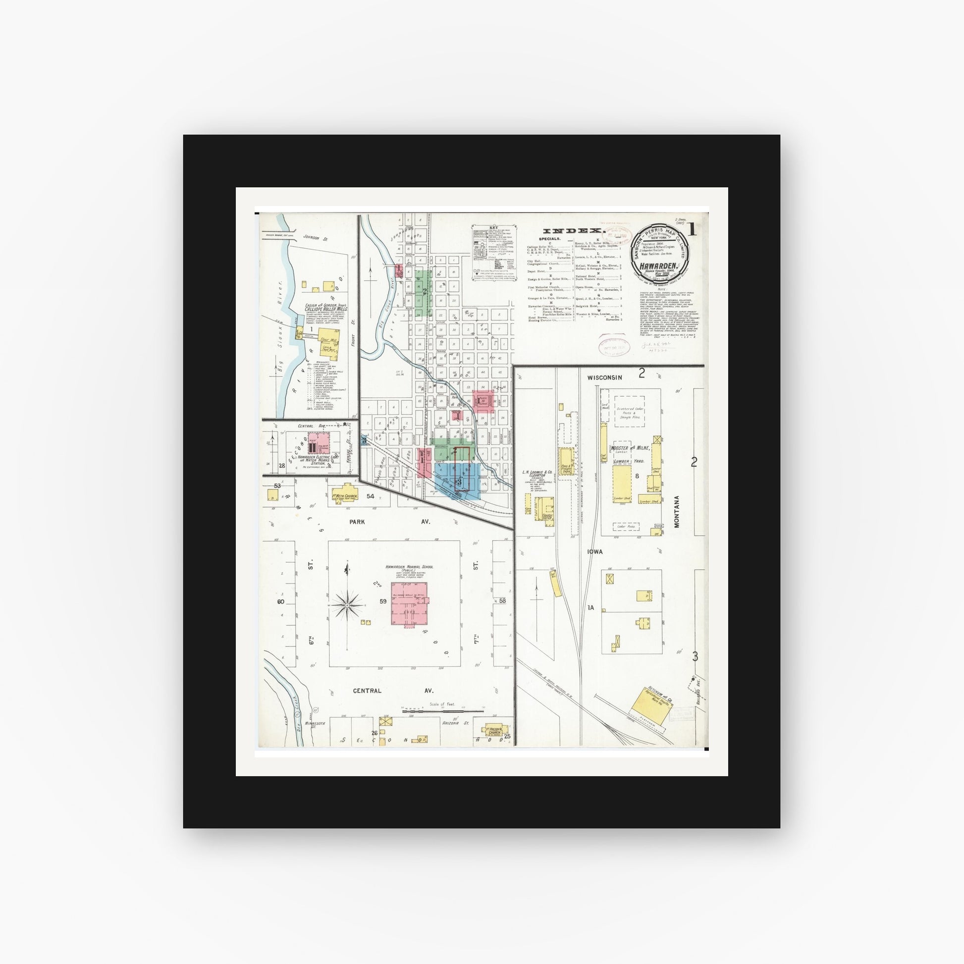 Old map wall art mockup — black gallery frame with white mat — Sanborn Fire Insurance Map from Hawarden, Sioux County, Iowa (1899) â€” Complete Set