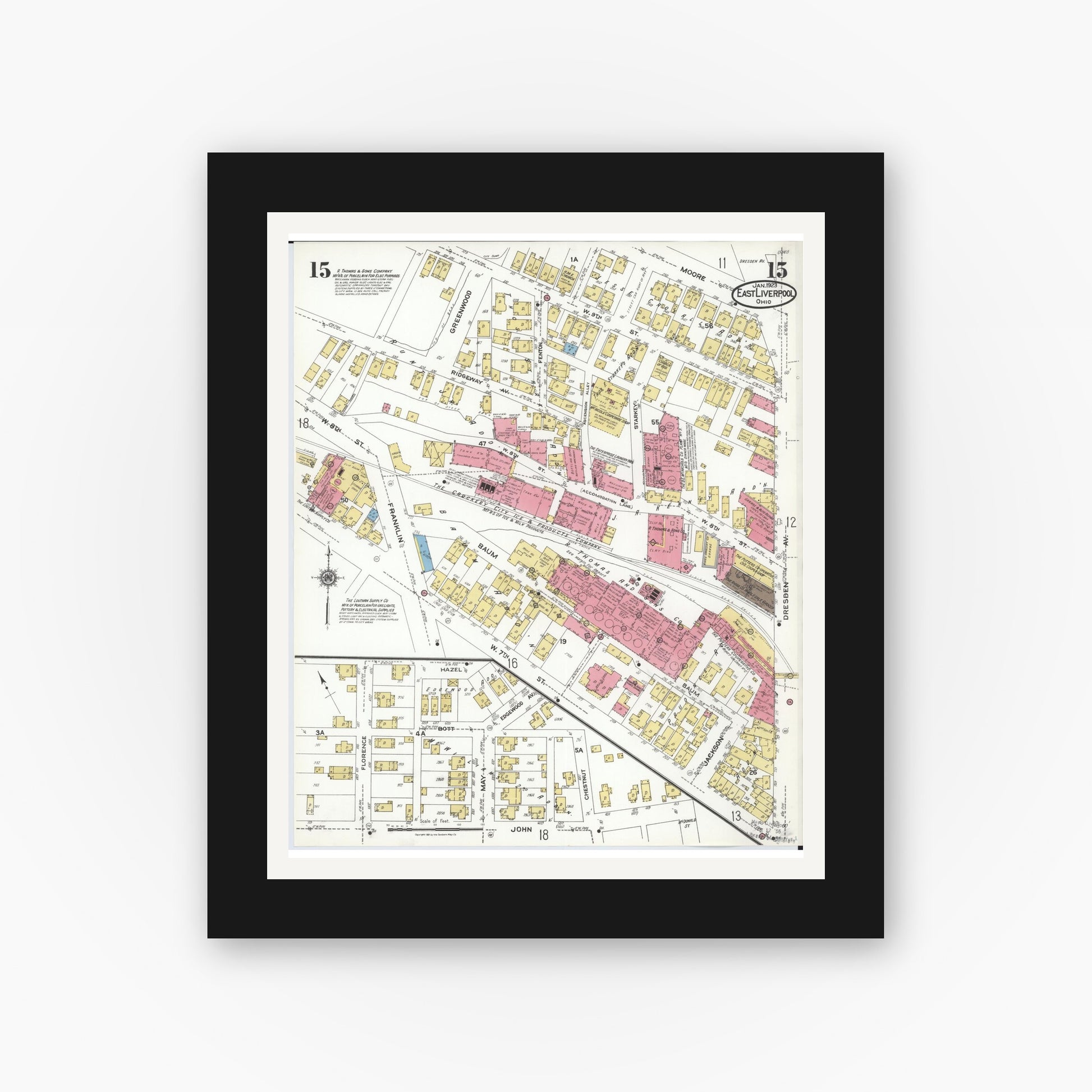 Old map wall art mockup — black gallery frame with white mat — Sanborn Fire Insurance Map from East Liverpool, Columbiana County, Ohio (1923), Sheet #0015