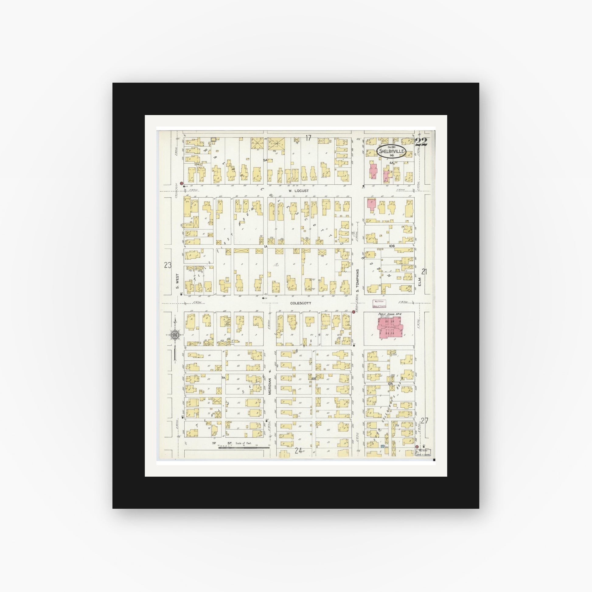 Old map wall art mockup — black gallery frame with white mat — Sanborn Fire Insurance Map from Shelbyville, Shelby County, Indiana (1910), Sheet #0022