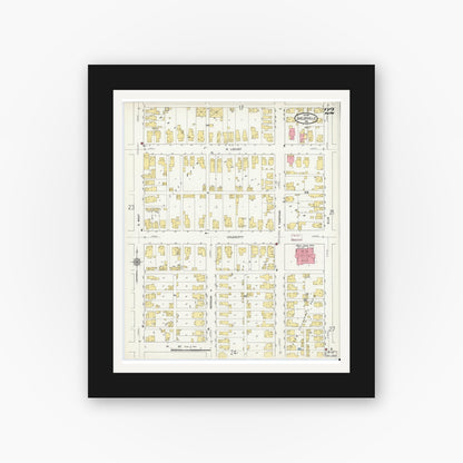 Old map wall art mockup — black gallery frame with white mat — Sanborn Fire Insurance Map from Shelbyville, Shelby County, Indiana (1910), Sheet #0022