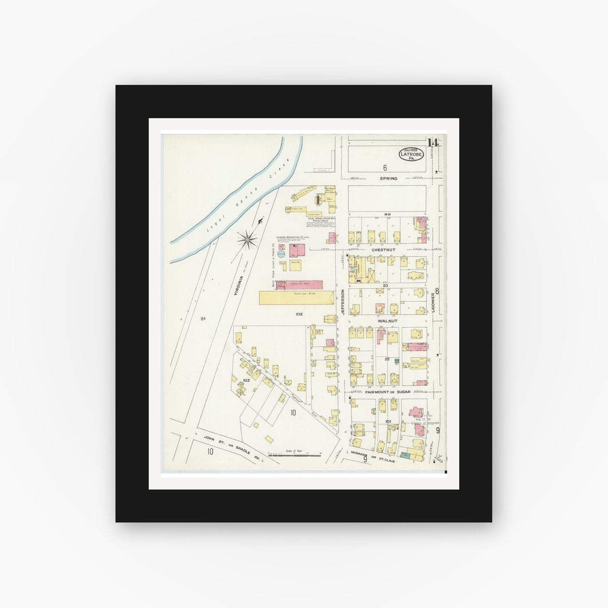Old map wall art mockup — black gallery frame with white mat — Sanborn Fire Insurance Map from Latrobe, Westmoreland County, Pennsylvania (1909), Sheet #0014