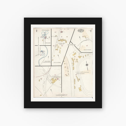 Old map wall art mockup — black gallery frame with white mat — Sanborn Fire Insurance Map from Pinehurst, Moore County, North Carolina (1939), Sheet #0007