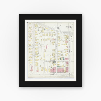 Old map wall art mockup — black gallery frame with white mat — Sanborn Fire Insurance Map from Norwalk, Huron County, Ohio (1893), Sheet #0007