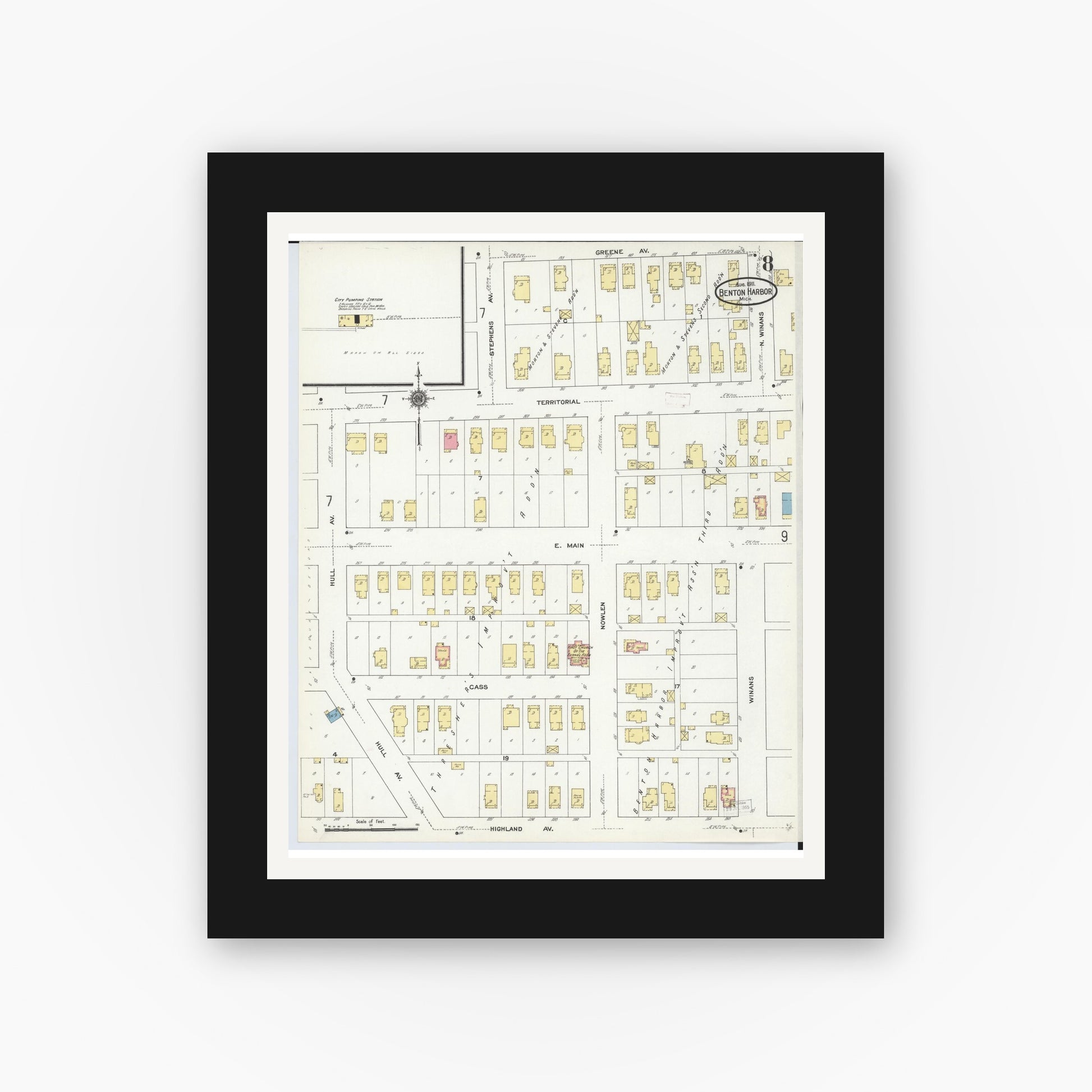 Old map wall art mockup — black gallery frame with white mat — Sanborn Fire Insurance Map from Benton Harbor, Berrien County, Michigan (1911), Sheet #0008