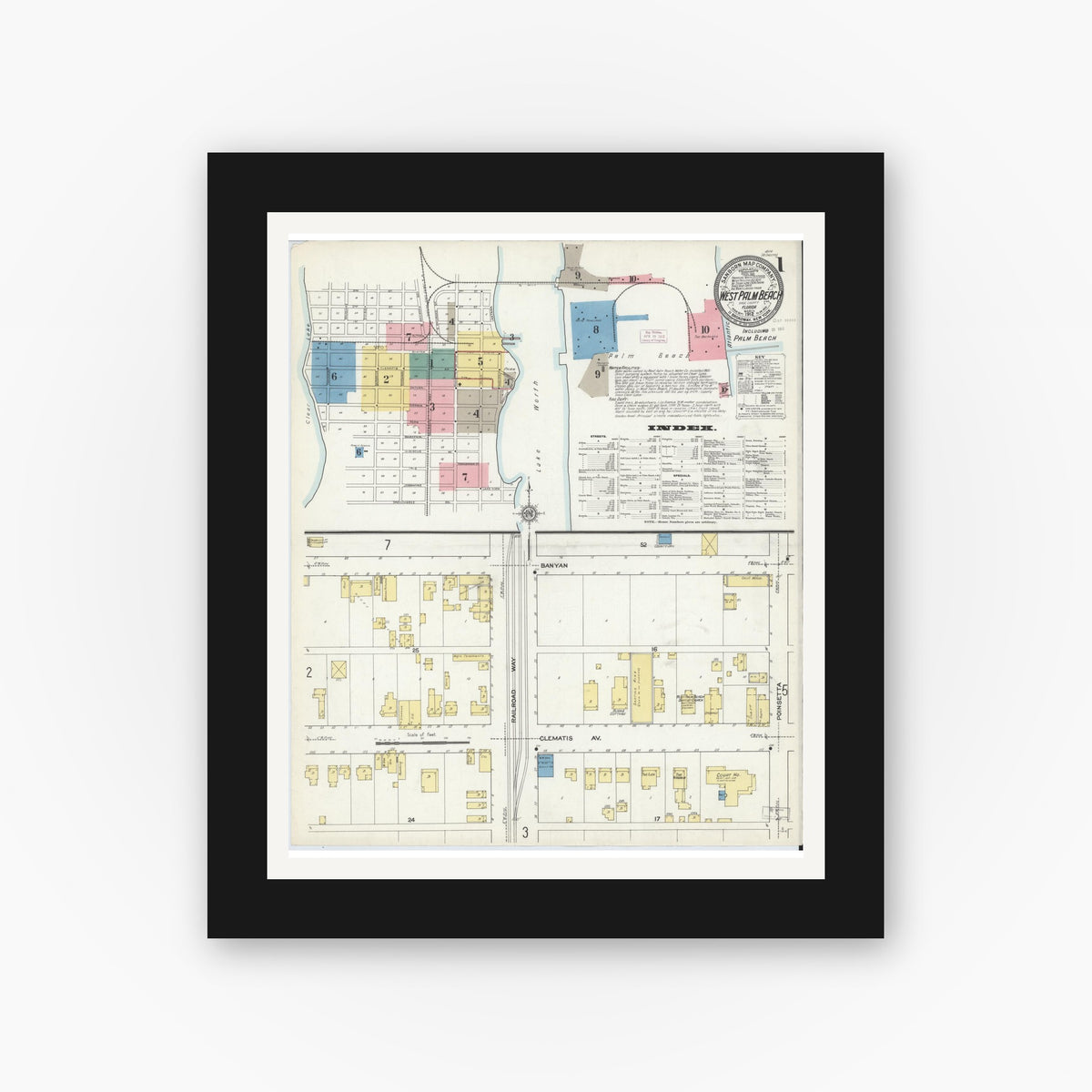 Old map wall art mockup — black gallery frame with white mat — Sanborn Fire Insurance Map from West Palm Beach, Dade County, Florida (1912) - Complete Map Set
