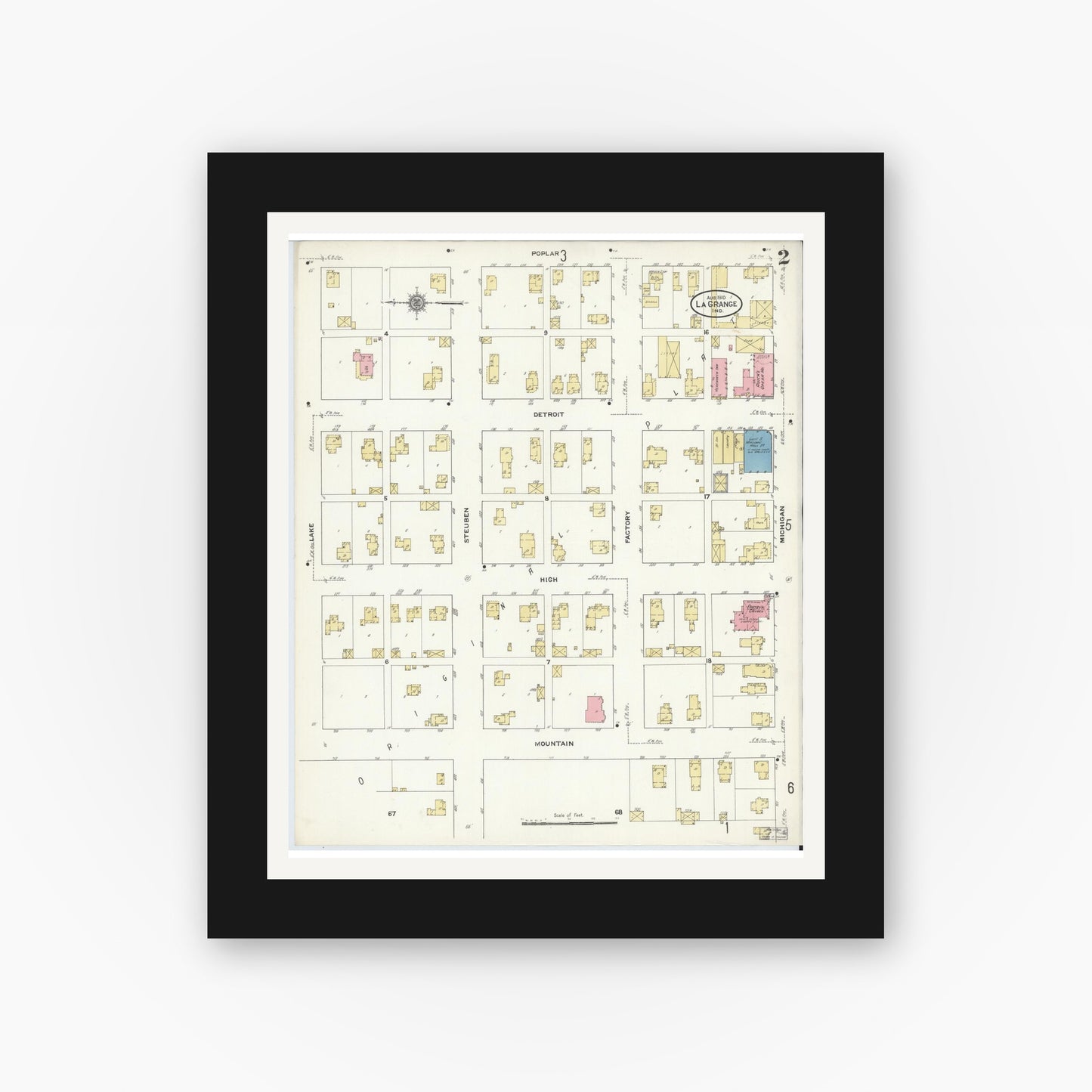 Old map wall art mockup — black gallery frame with white mat — Sanborn Fire Insurance Map from Lagrange, LaGrange County, Indiana (1910), Sheet #0002