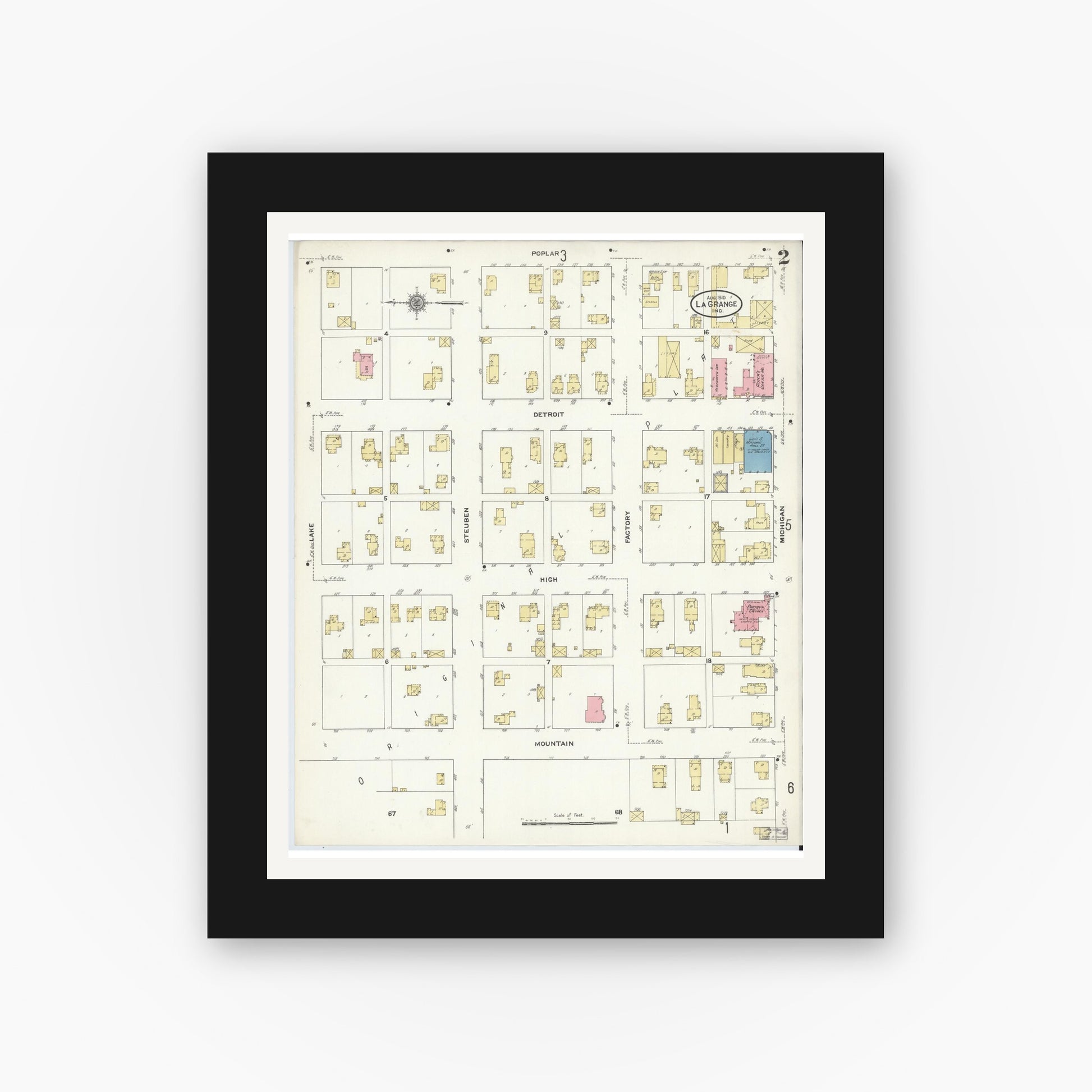Old map wall art mockup — black gallery frame with white mat — Sanborn Fire Insurance Map from Lagrange, LaGrange County, Indiana (1910), Sheet #0002