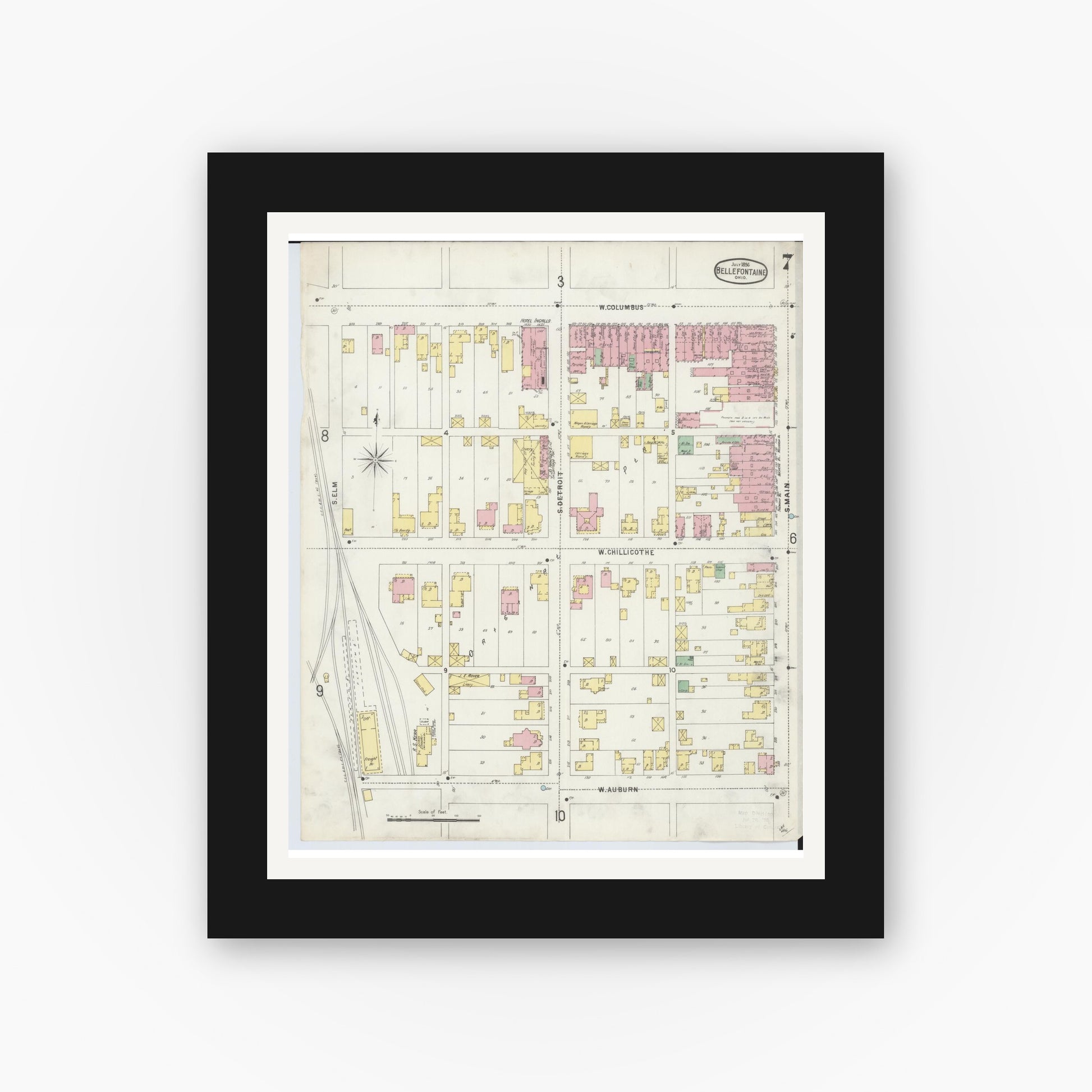 Old map wall art mockup — black gallery frame with white mat — Sanborn Fire Insurance Map from Bellefontaine, Logan County, Ohio (1896), Sheet #0007