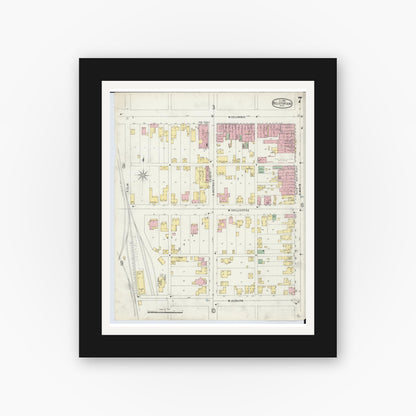 Old map wall art mockup — black gallery frame with white mat — Sanborn Fire Insurance Map from Bellefontaine, Logan County, Ohio (1896), Sheet #0007
