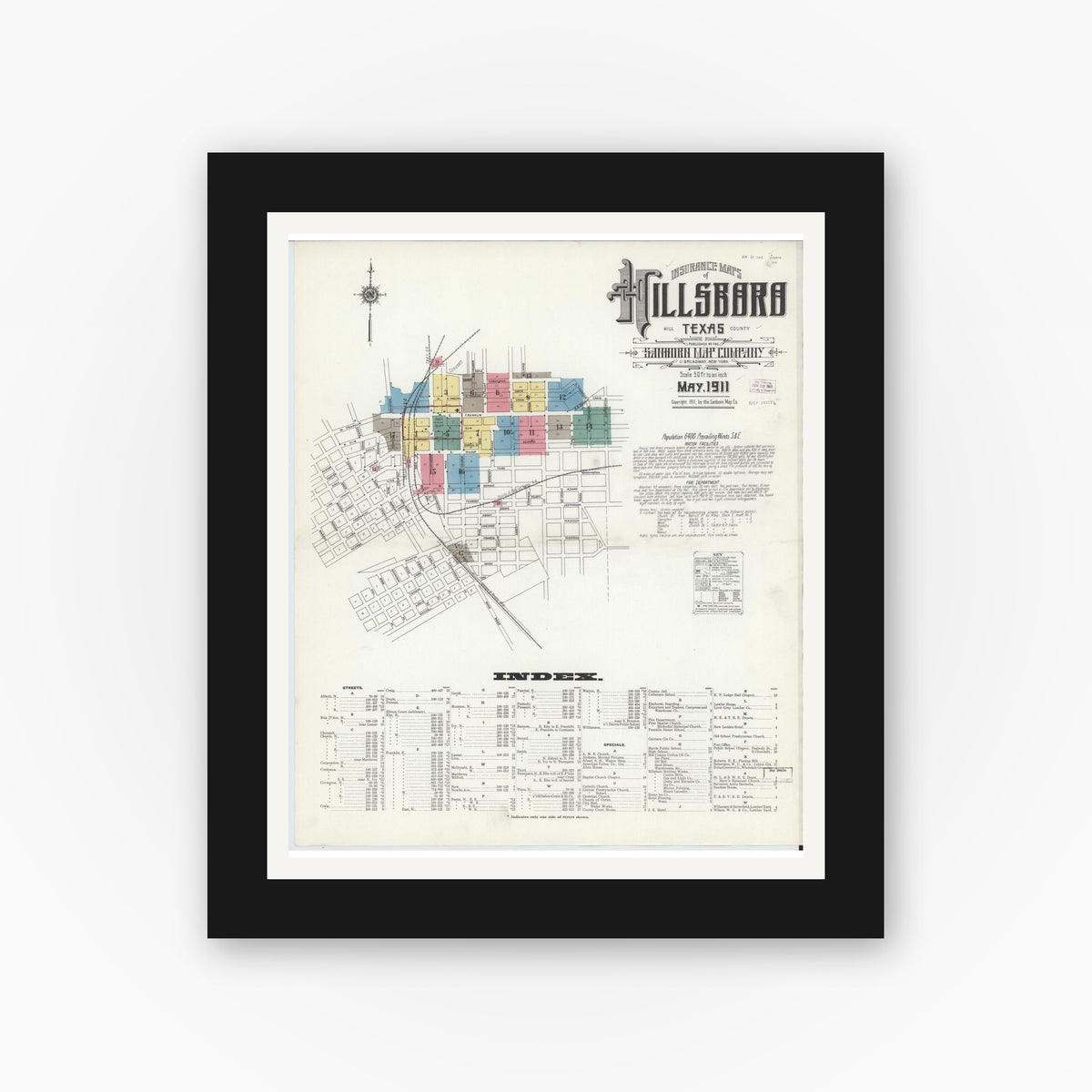 Old map wall art mockup — black gallery frame with white mat — Sanborn Fire Insurance Map from Hillsboro, Hill County, Texas (1911) - Complete Map Set