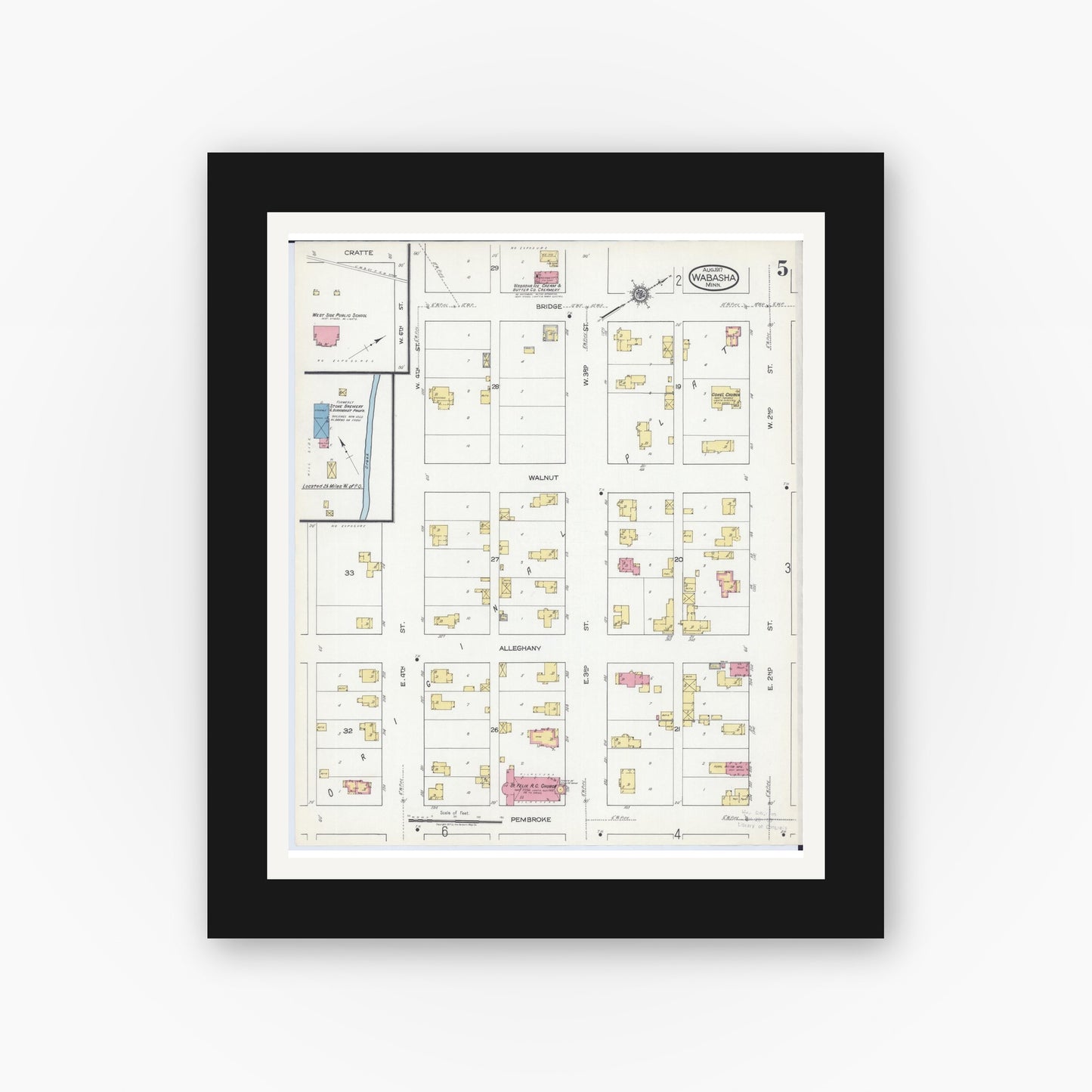Old map wall art mockup — black gallery frame with white mat — Sanborn Fire Insurance Map from Wabasha, Wabasha County, Minnesota (1917), Sheet #0005