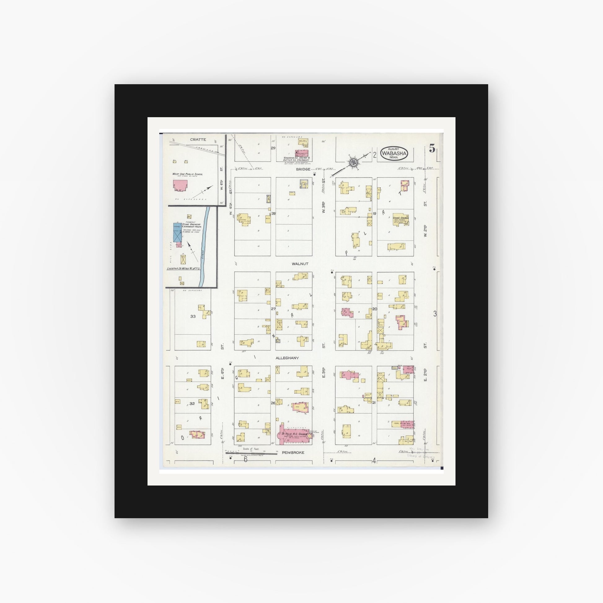 Old map wall art mockup — black gallery frame with white mat — Sanborn Fire Insurance Map from Wabasha, Wabasha County, Minnesota (1917), Sheet #0005