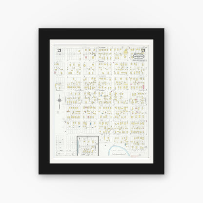 Old map wall art mockup — black gallery frame with white mat — Sanborn Fire Insurance Map from Iron Mountain, Dickinson County, Michigan (1930), Sheet #0021