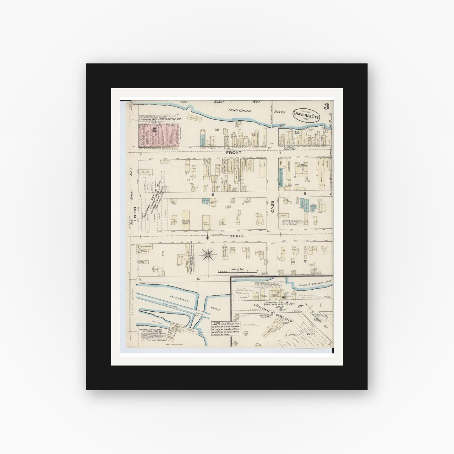 Old map wall art mockup — black gallery frame with white mat — Sanborn Fire Insurance Map from Traverse City, Grand Traverse County, Michigan (1884), Sheet #0003