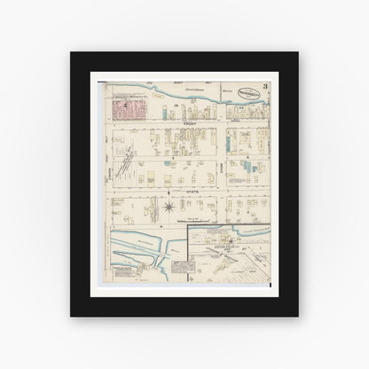 Old map wall art mockup — black gallery frame with white mat — Sanborn Fire Insurance Map from Traverse City, Grand Traverse County, Michigan (1884), Sheet #0003