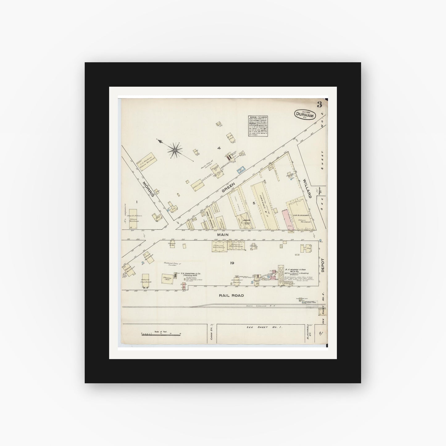 Old map wall art mockup — black gallery frame with white mat — Sanborn Fire Insurance Map from Durham, Durham County, North Carolina (1884), Sheet #0003