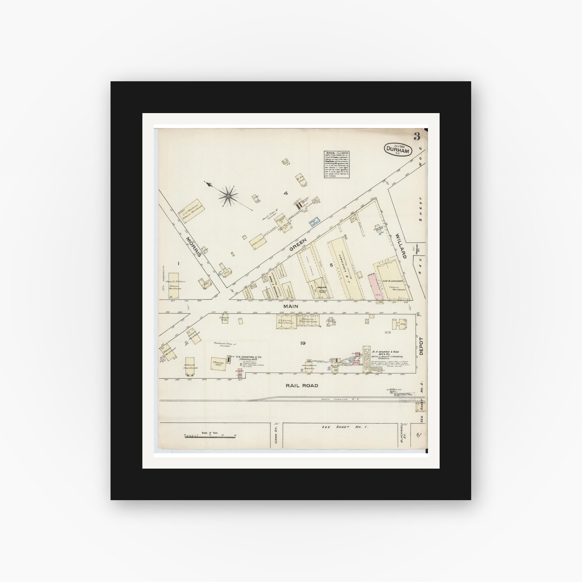Old map wall art mockup — black gallery frame with white mat — Sanborn Fire Insurance Map from Durham, Durham County, North Carolina (1884), Sheet #0003