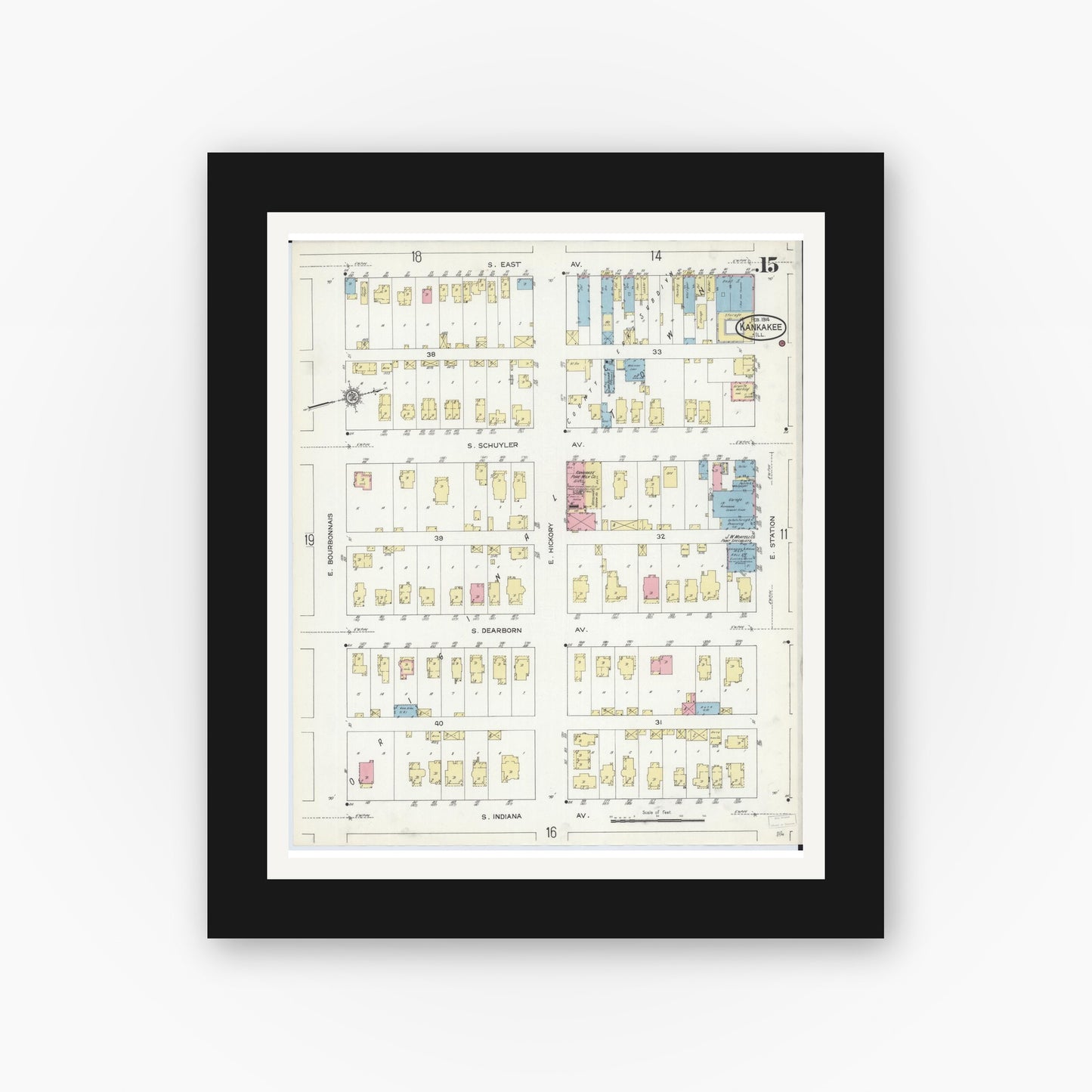 Old map wall art mockup — black gallery frame with white mat — Sanborn Fire Insurance Map from Kankakee, Kankakee County, Illinois (1914), Sheet #0015