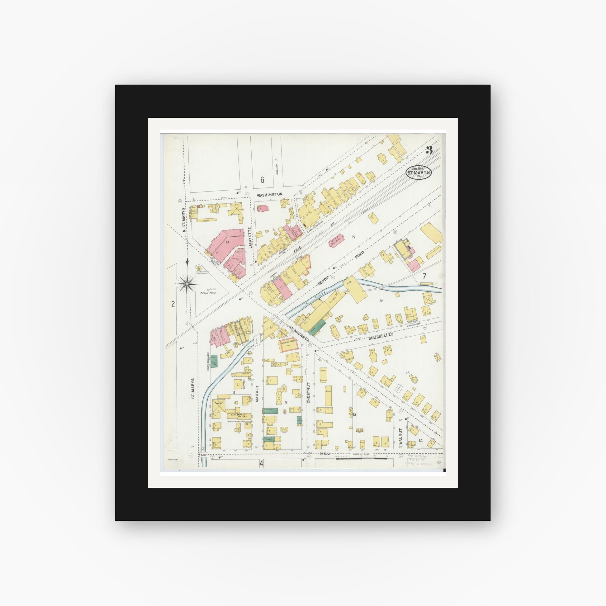 Old map wall art mockup — black gallery frame with white mat — Sanborn Fire Insurance Map from Saint Marys, Elk County, Pennsylvania (1904), Sheet #0003
