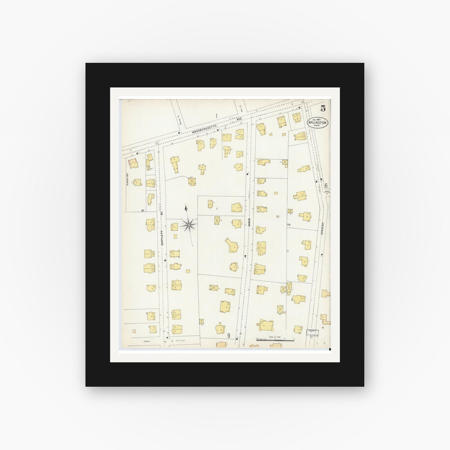 Old map wall art mockup — black gallery frame with white mat — Sanborn Fire Insurance Map from Arlington, Middlesex County, Massachusetts (1903), Sheet #0005