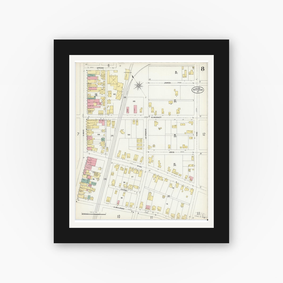 Old map wall art mockup — black gallery frame with white mat — Sanborn Fire Insurance Map from Pittston, Luzerne County, Pennsylvania (1903), Sheet #0008