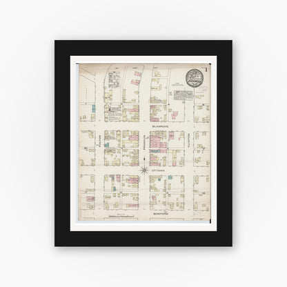Old map wall art mockup — black gallery frame with white mat — Sanborn Fire Insurance Map from Richwood, Union County, Ohio (1885), Sheet #0001