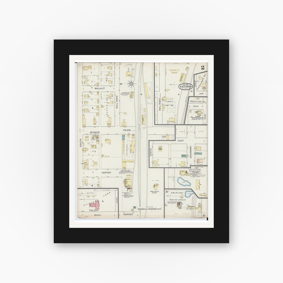Old map wall art mockup — black gallery frame with white mat — Sanborn Fire Insurance Map from Astoria, Fulton County, Illinois (1893), Sheet #0002