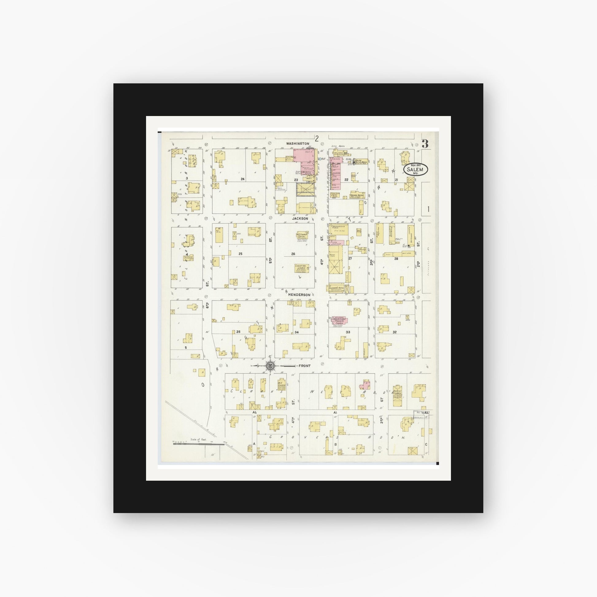 Old map wall art mockup — black gallery frame with white mat — Sanborn Fire Insurance Map from Salem, Dent County, Missouri (1910), Sheet #0003