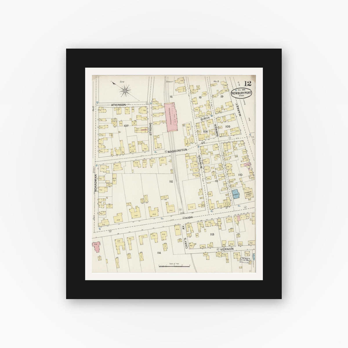 Old map wall art mockup — black gallery frame with white mat — Sanborn Fire Insurance Map from Newburyport, Essex County, Massachusetts (1888), Sheet #0012