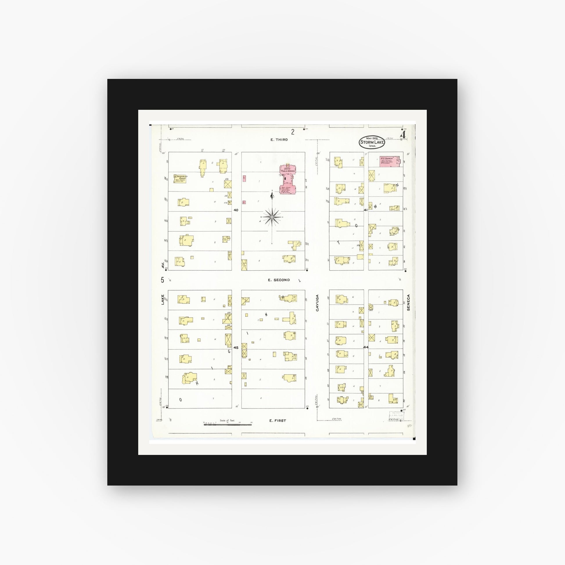 Old map wall art mockup — black gallery frame with white mat — Sanborn Fire Insurance Map from Storm Lake, Buena Vista County, Iowa (1909), Sheet #0004