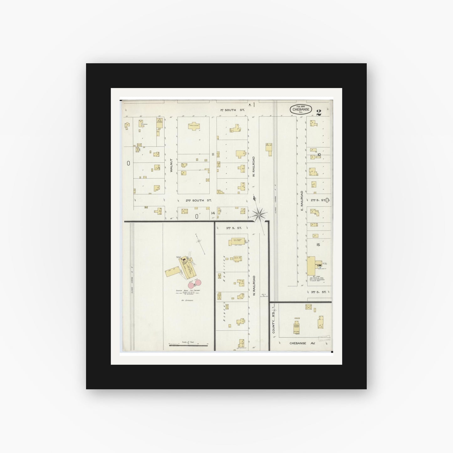 Old map wall art mockup — black gallery frame with white mat — Sanborn Fire Insurance Map from Chebanse, Iroquois And Kankakee County, Illinois (1898), Sheet #0002
