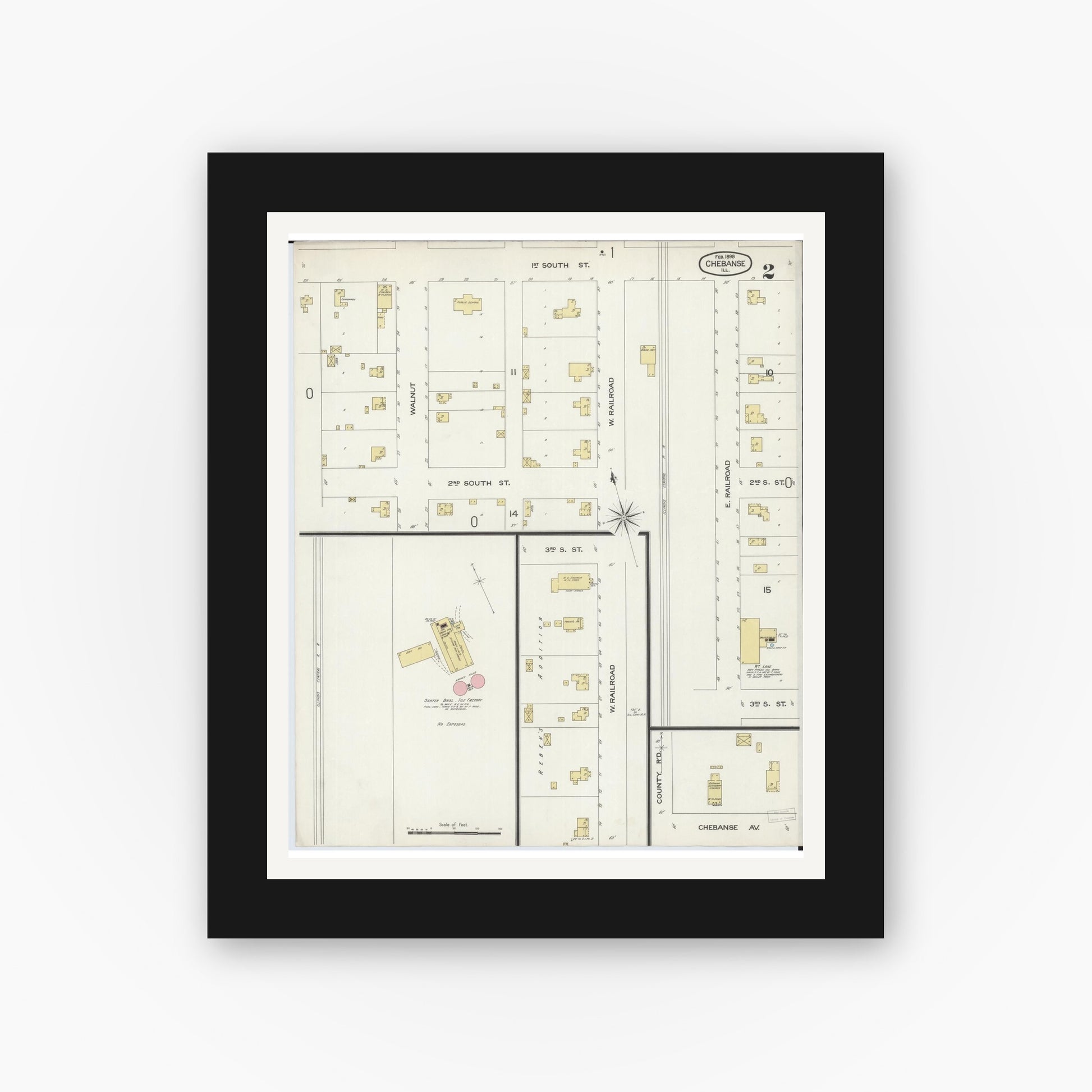 Old map wall art mockup — black gallery frame with white mat — Sanborn Fire Insurance Map from Chebanse, Iroquois And Kankakee County, Illinois (1898), Sheet #0002