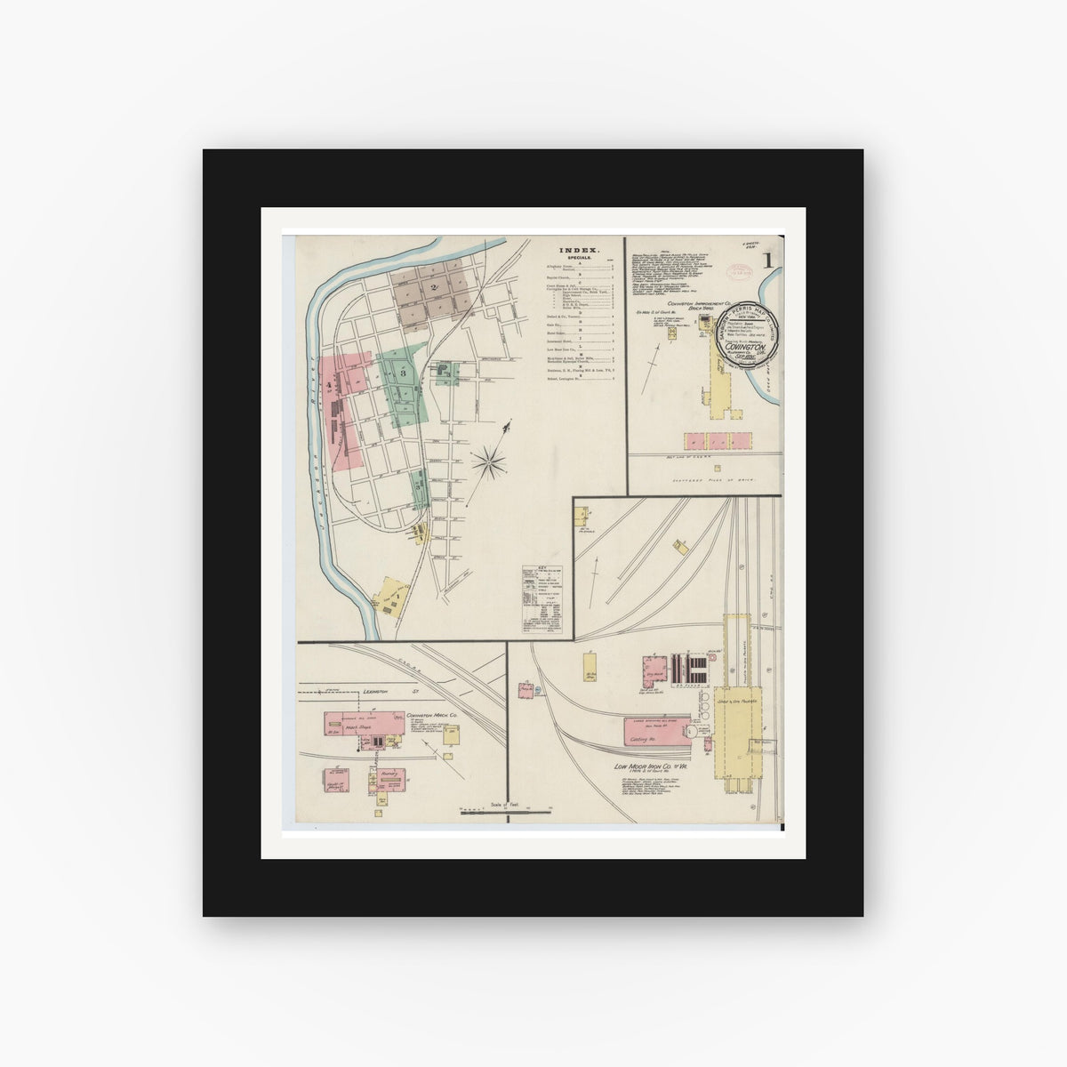 Old map wall art mockup — black gallery frame with white mat — Sanborn Fire Insurance Map from Covington, Independent Cities, Virginia (1895) - Complete Map Set