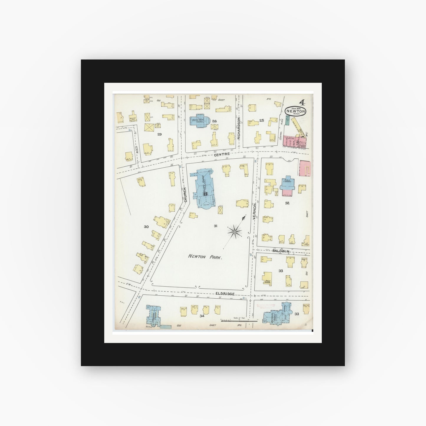 Old map wall art mockup — black gallery frame with white mat — Sanborn Fire Insurance Map from Newton, Middlesex County, Massachusetts (1892), Sheet #0004