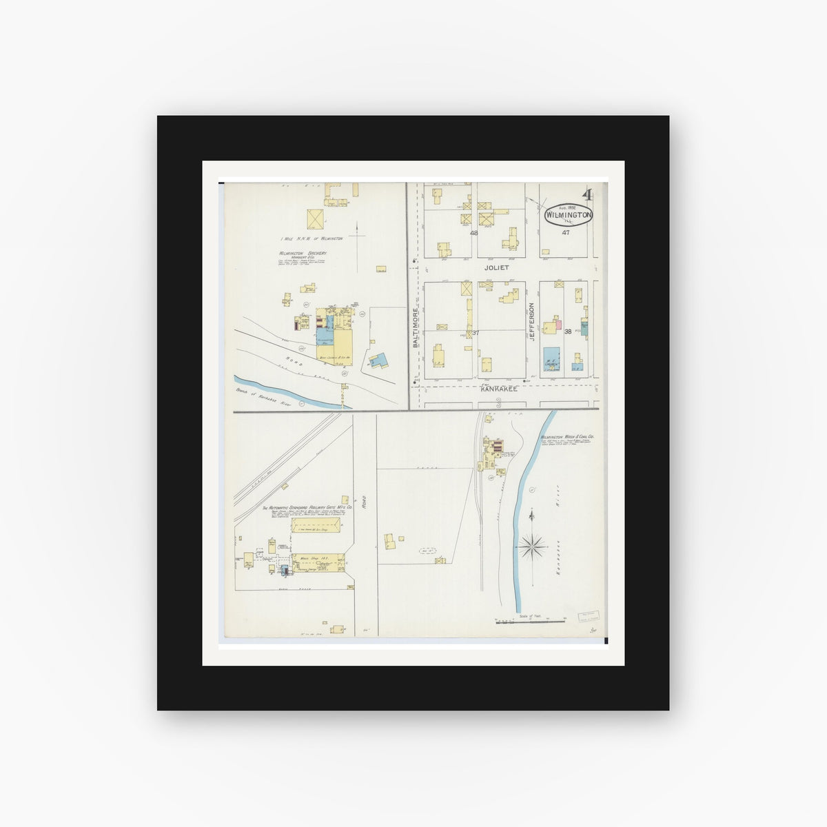 Old map wall art mockup — black gallery frame with white mat — Sanborn Fire Insurance Map from Wilmington, Will County, Illinois (1892), Sheet #0004
