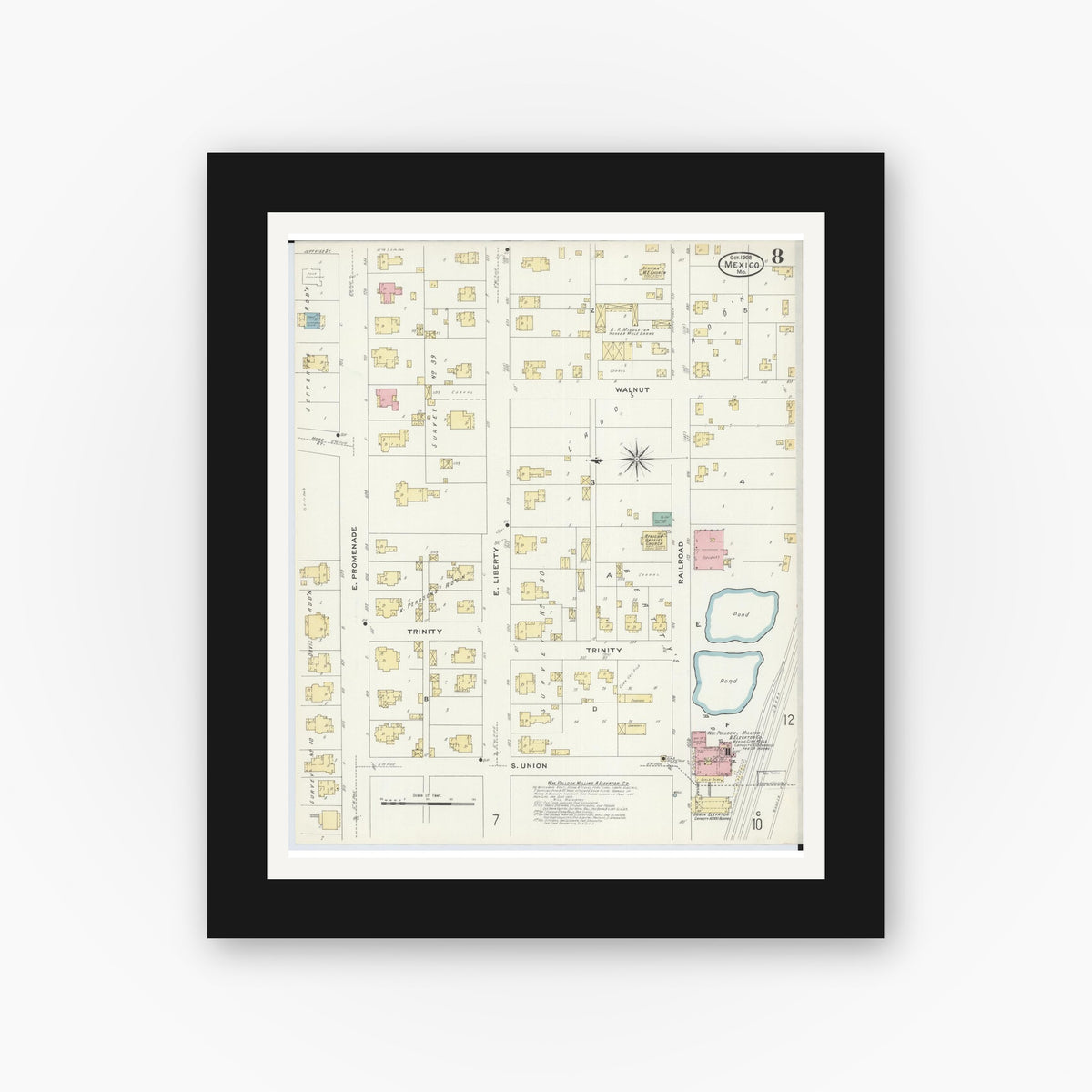 Old map wall art mockup — black gallery frame with white mat — Sanborn Fire Insurance Map from Mexico, Audrain County, Missouri (1908), Sheet #0008