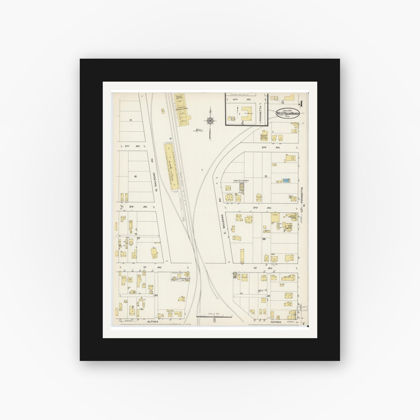 Old map wall art mockup — black gallery frame with white mat — Sanborn Fire Insurance Map from West Palm Beach, Dade County, Florida (1915), Sheet #0004