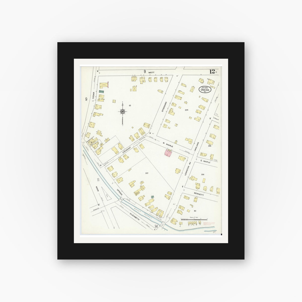 Old map wall art mockup — black gallery frame with white mat — Sanborn Fire Insurance Map from Oneida, Madison County, New York (1909), Sheet #0012